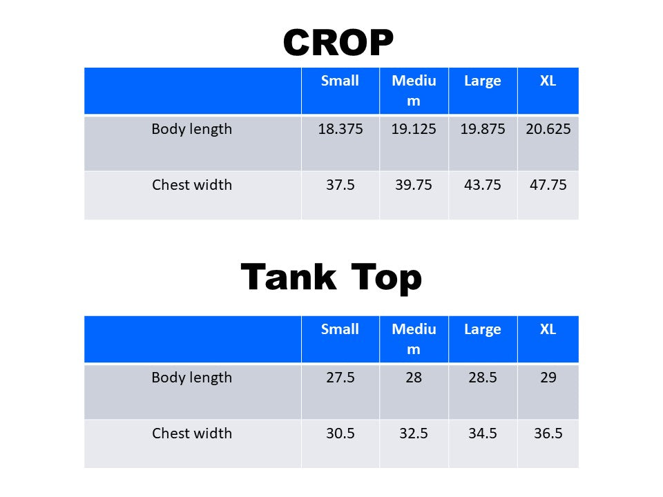 Size chart. Contact us for more information. 