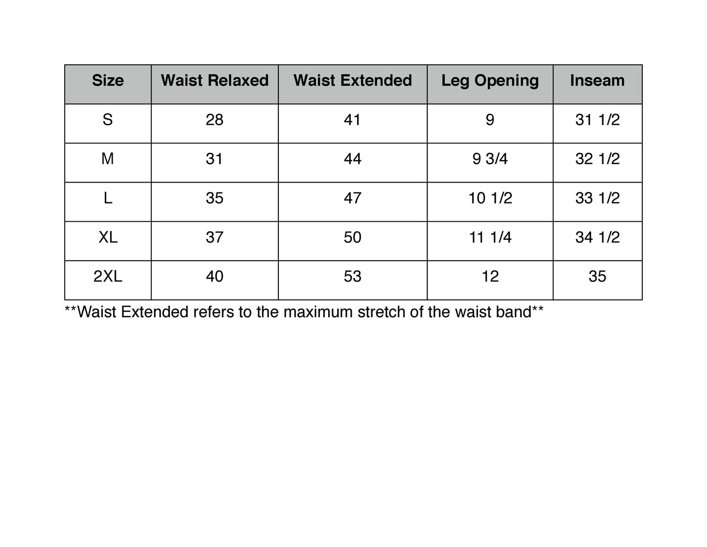 Size chart. Contact us for more information. 