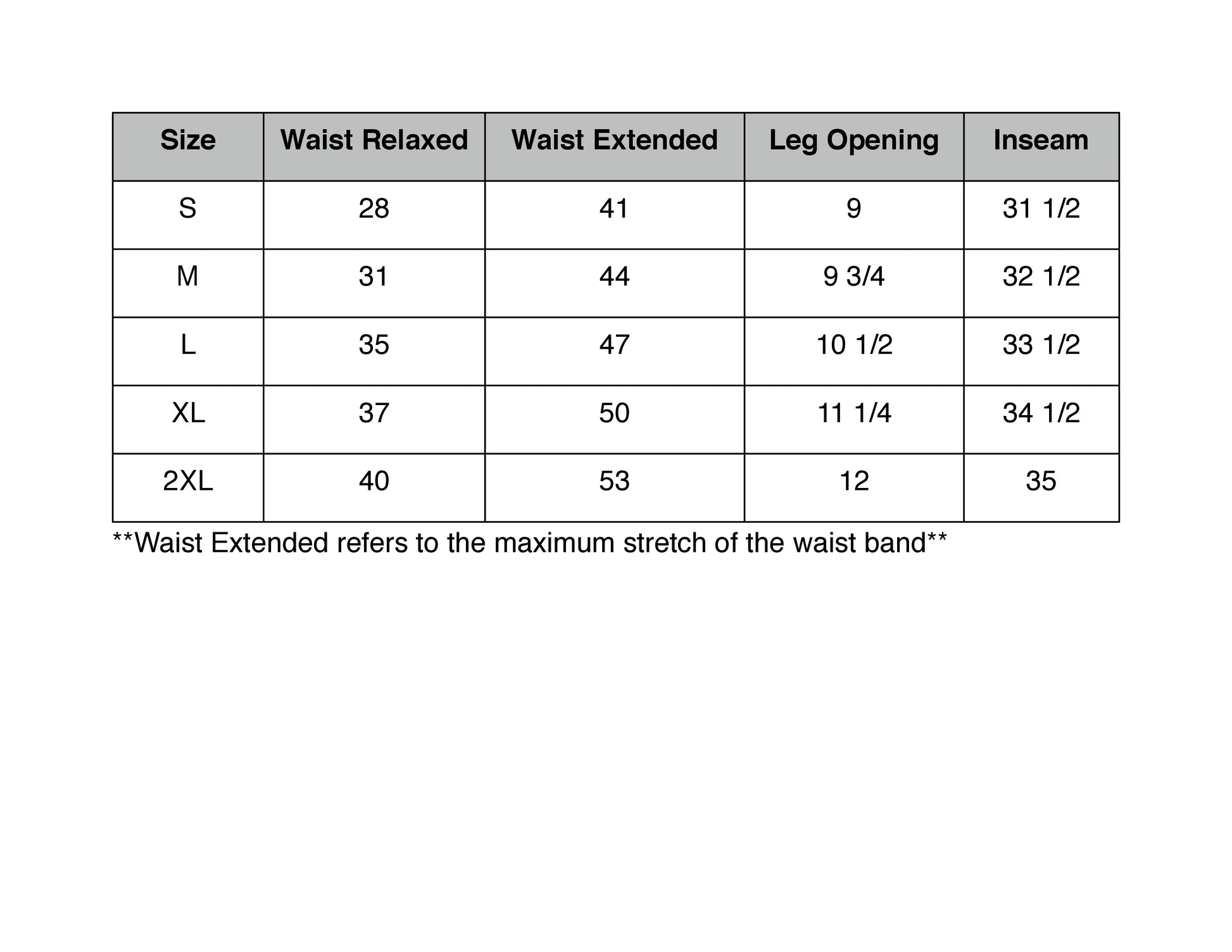 Size chart. Contact us for more information. 