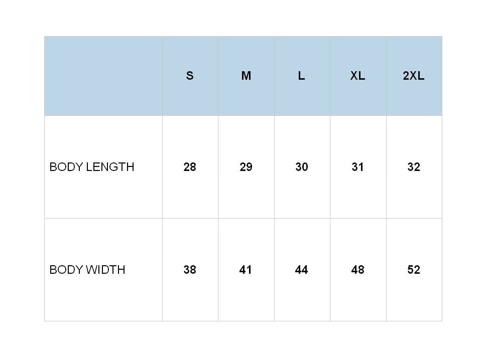 Size chart. Contact us for more information. 