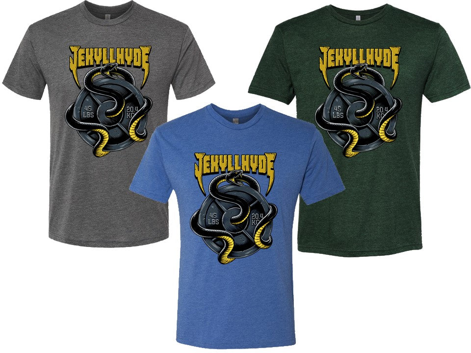 Three t-shirts with 'Jekyll & Hyde' design featuring snakes on a white background.