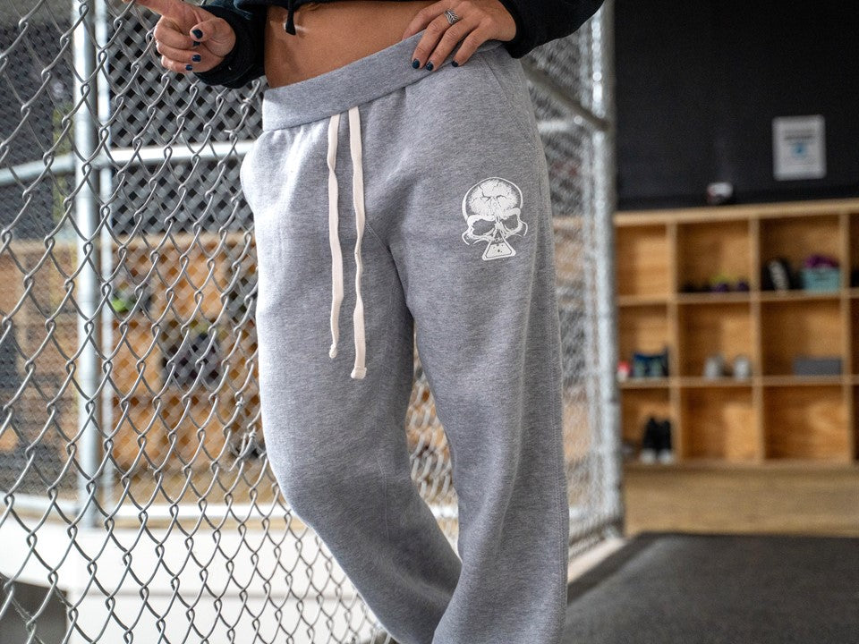 Close up of grey sweatpants. 