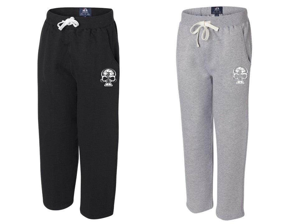 Black and gray sweatpants with skull designs on a white background