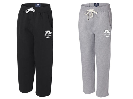 Black and gray sweatpants with skull designs on a white background