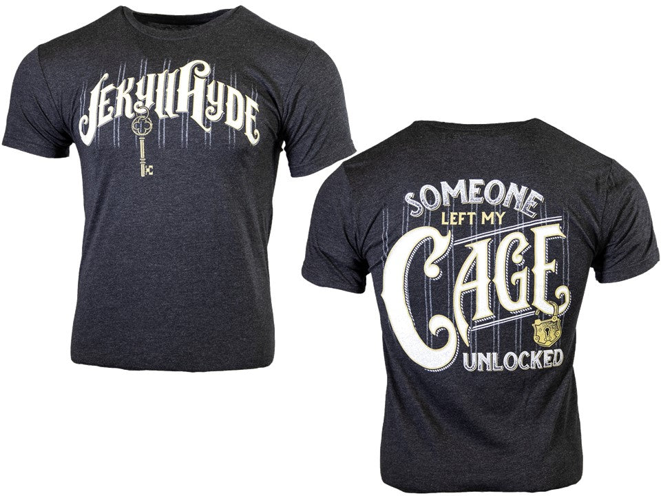 Black t-shirt with 'Jekyll & Hyde' and 'Someone Left My Cage Unlocked' text on a white background