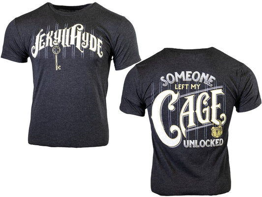 Black t-shirt with 'Jekyll & Hyde' and 'Someone Left My Cage Unlocked' text on a white background