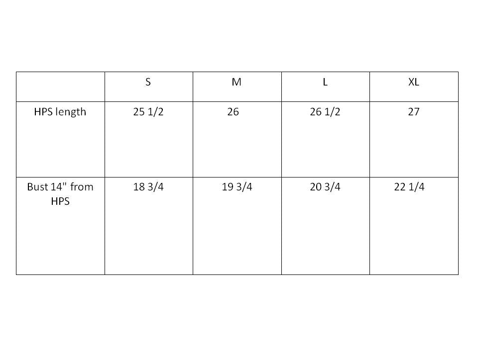Size chart. Contact us for more information. 