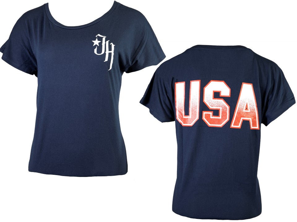 Navy blue t-shirt with 'JH' logo on front and 'USA' text on back