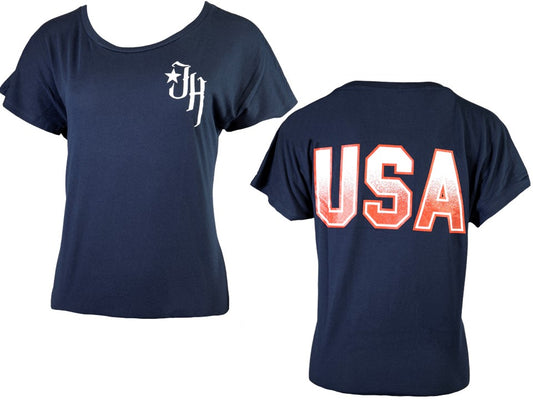 Navy blue t-shirt with 'JH' logo on front and 'USA' text on back